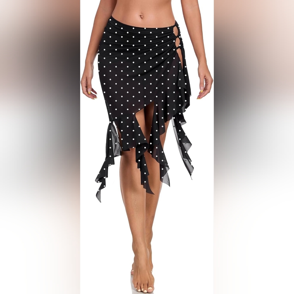 New Colloyes Women’s Mid Waist Cutout Bikini Bottoms Sheer Mesh, Black Polka Dot